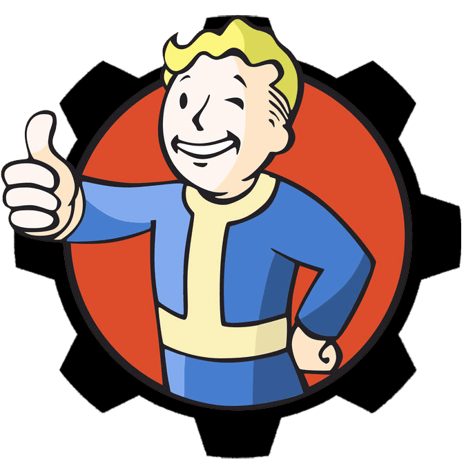 Vault Boy is seen smiling, with one eye closed, an arm outstretched, fist clenched with a thumb raised